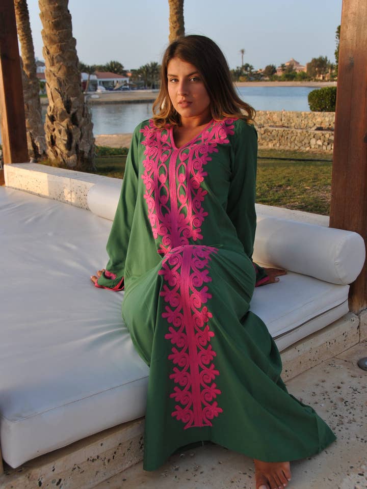 Gipci - Wholesale Kaftan - Women's - Green Autumn / Winter Bohemian Maxi Kaftan Dress