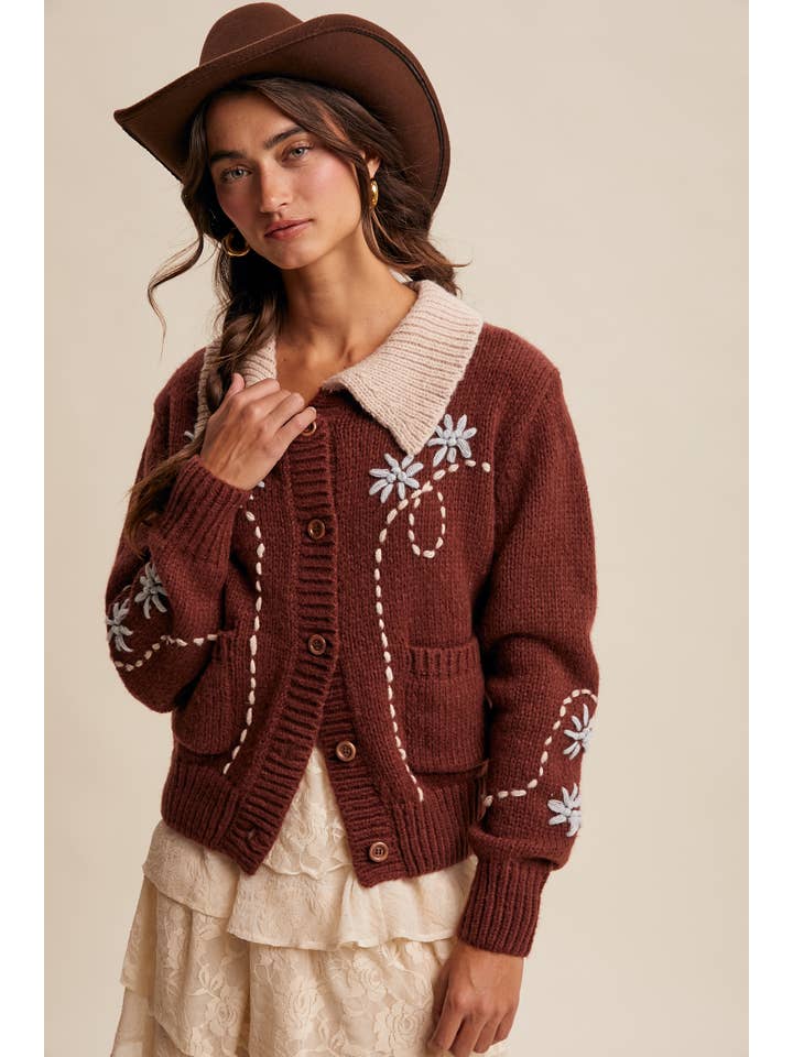 Listicle - Wholesale Cardigan - Women's - Embroidered Collar Knit Cardigan LSW101410