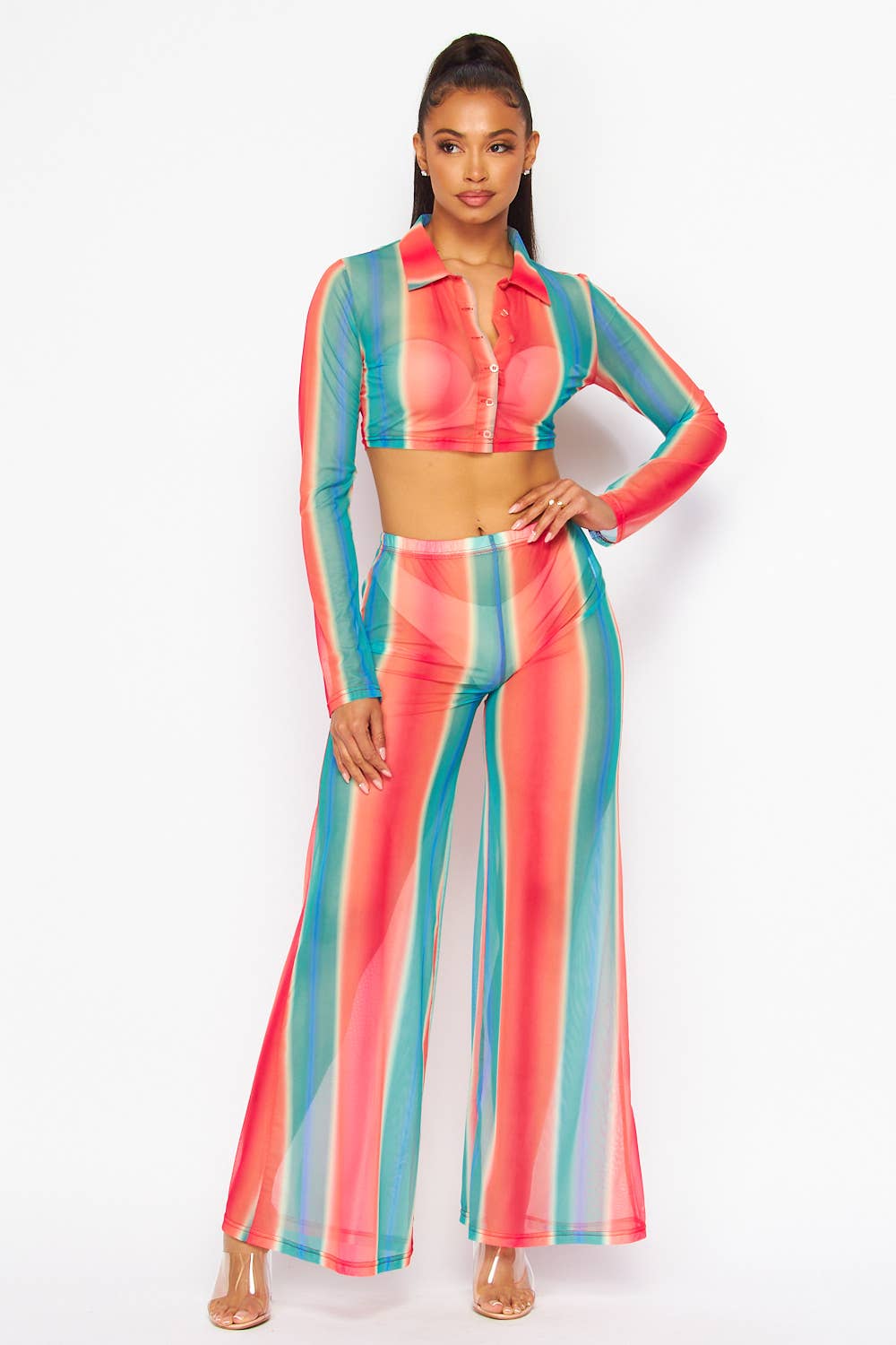 VERT CORAIL Joli ensemble haut court transparent et pantalon large arc-en-ciel (HDC30356) en vente sur Faire