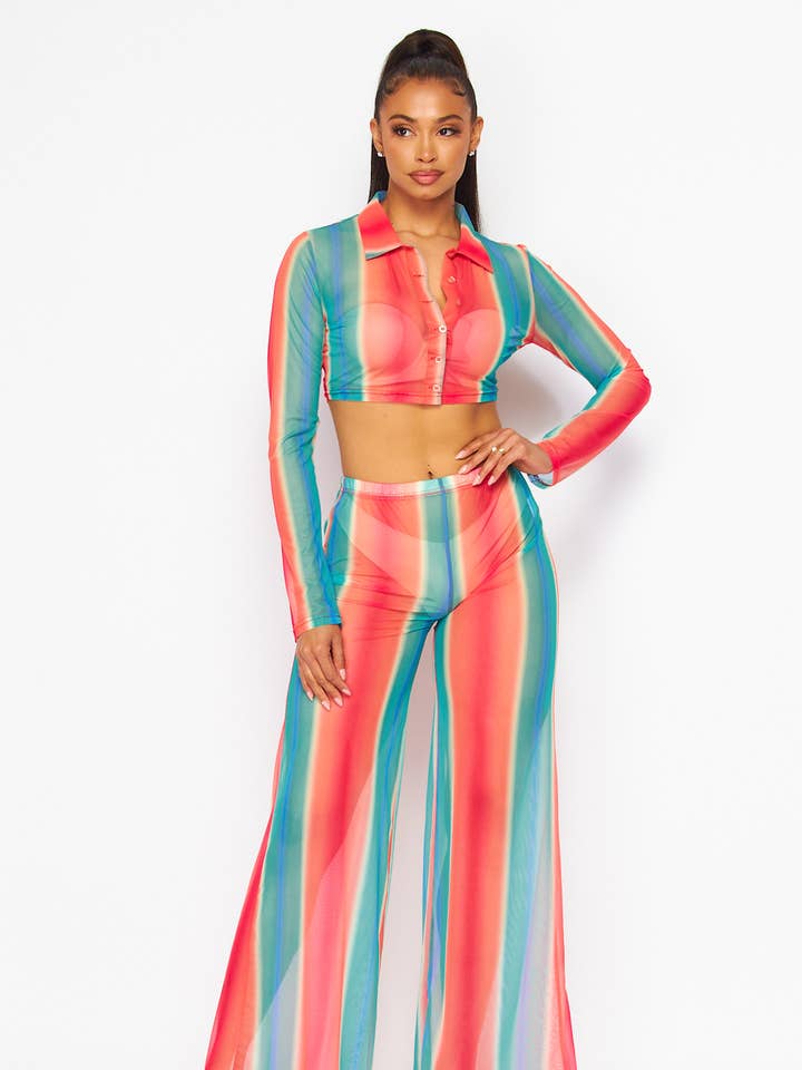 VERT CORAIL Joli ensemble haut court transparent et pantalon large arc-en-ciel (HDC30356) en vente sur Faire0
