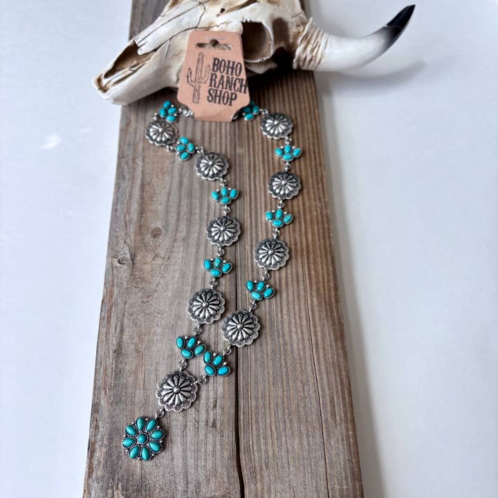 Boho Ranch Shop – Colar de elos e correntes por atacado – Colar com Pingente em Y de Pata com Concho Redondo Ocidental e Pedra Turquesa