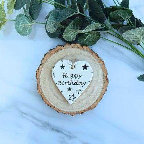 Birthday - Happy Birthday 'Stars' - Handmade ceramic heart for wholesale by Broadlands Pottery