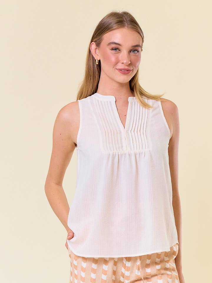 Doe and Rae - Wholesale Blouse - Women's - V-NECK PINTUCK SLEEVELESS WOVEN TOP - 44310T