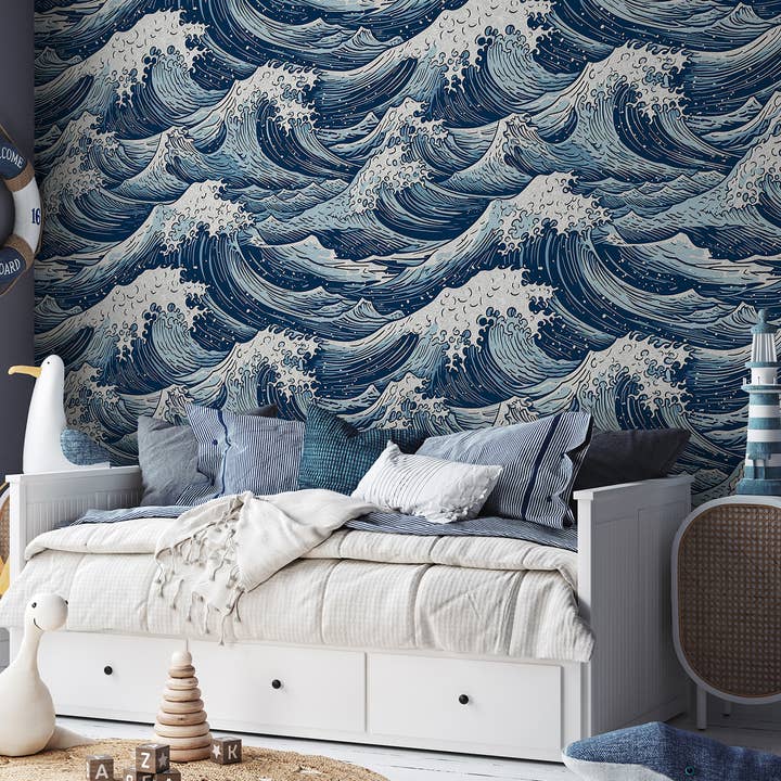 Ocean Wave Børnetapet, Aftagelig Havvægsmaleri for engroshandel hos SimurgWallArts