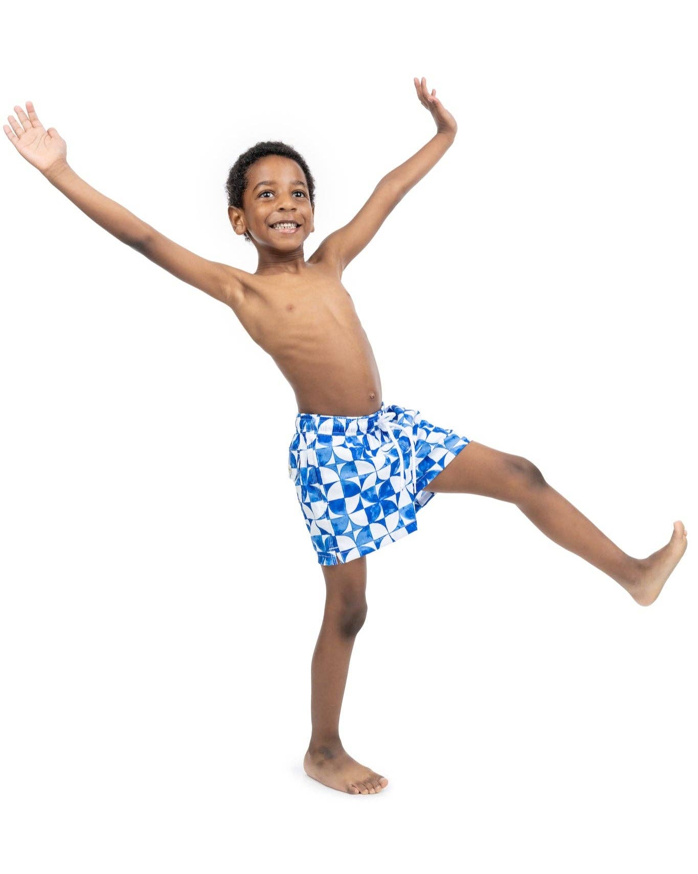 Boys Blue and White Print Swim Trunks for wholesale on Faire3
