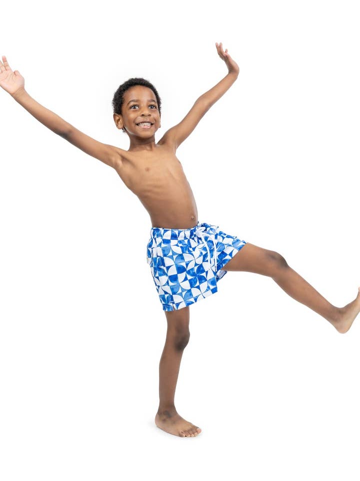 Boys Blue and White Print Swim Trunks for wholesale on Faire3