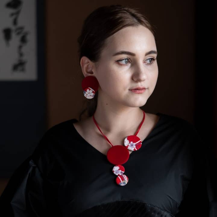 KOTO - Wholesale Dangle Earrings - Kimono Fabric Earrings—SAKURA PATTERN—RED-SMALL