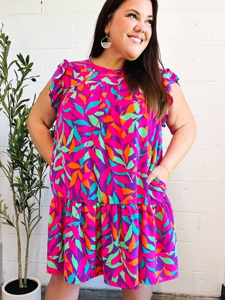 You Got This Purple Abstract Floral Print Tiered Ruffle Sleeve Dress for wholesale by Promenade
