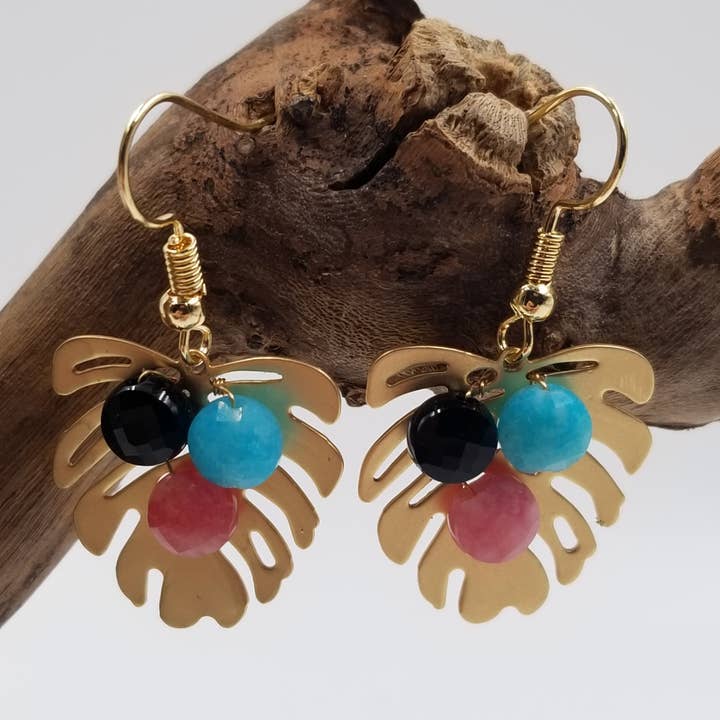 Handmade Natural Stone Bead Leaf Earrings) for wholesale by CHAKRA JEWELRY