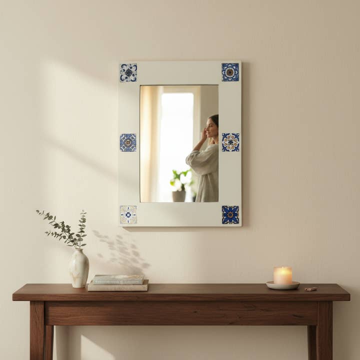 Azulejos Solid Wood Vanity Wall Mirror with Inlaid Tile for wholesale by Wilco Home