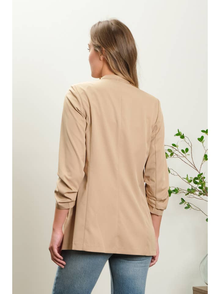 The Workshop Studio - Wholesale Blazer - Women's - COLLARLESS 3/4 RUCHED SLEEVE LONGLINE BLAZER6
