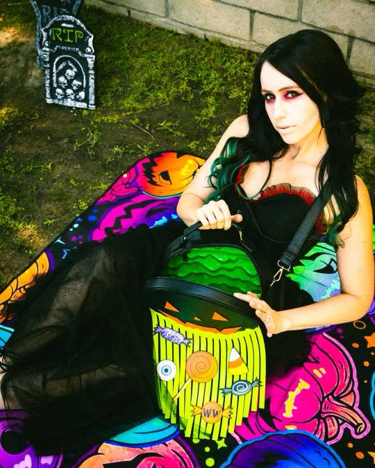 Weasel Wear - Wholesale Crossbody Bag - Women's - Mini Pumpkin Barf Bag - Faux-Leather Jack-o’-Lantern Fringe Purse with Neon Green “Pumpkin Guts” (Trick-or-Treat Gone Wrong Edition)2