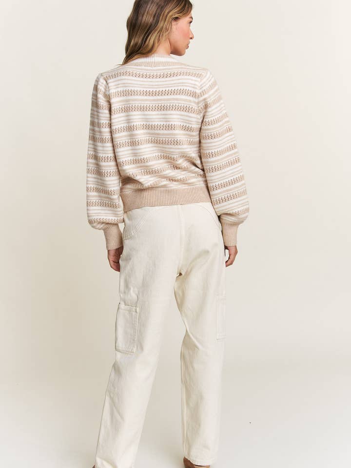 In the Beginning - Wholesale Cardigan - Women's - Beige Stripe Knit Cardigan