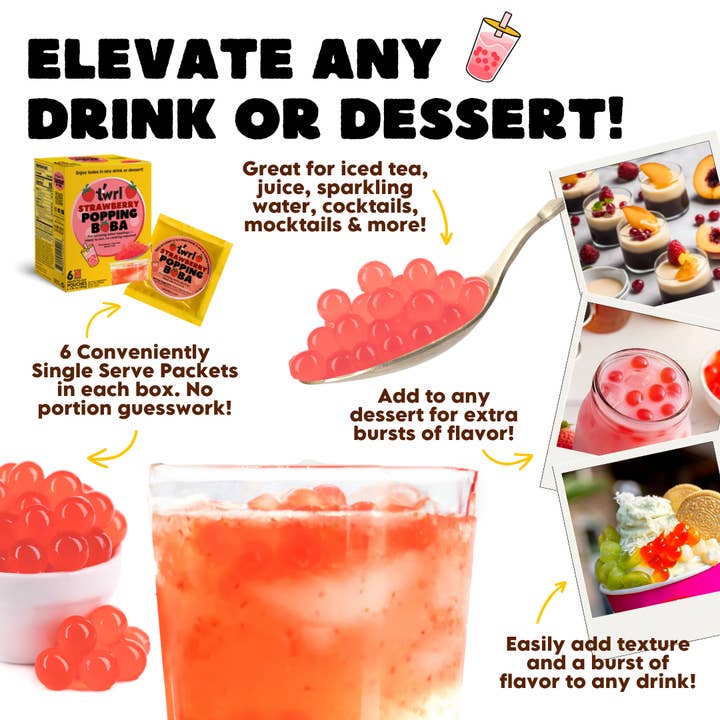 Twrl Milk Tea - Wholesale DIY Drink Kit - Strawberry Popping Boba Topping 6 Pack, Dye-Free Gluten-Free