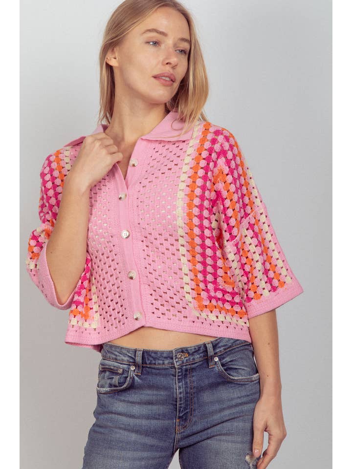 VERY J - Wholesale Knit Top - Women's - NT11636-Relaxed Fit Multi Color Crochet Knit Top