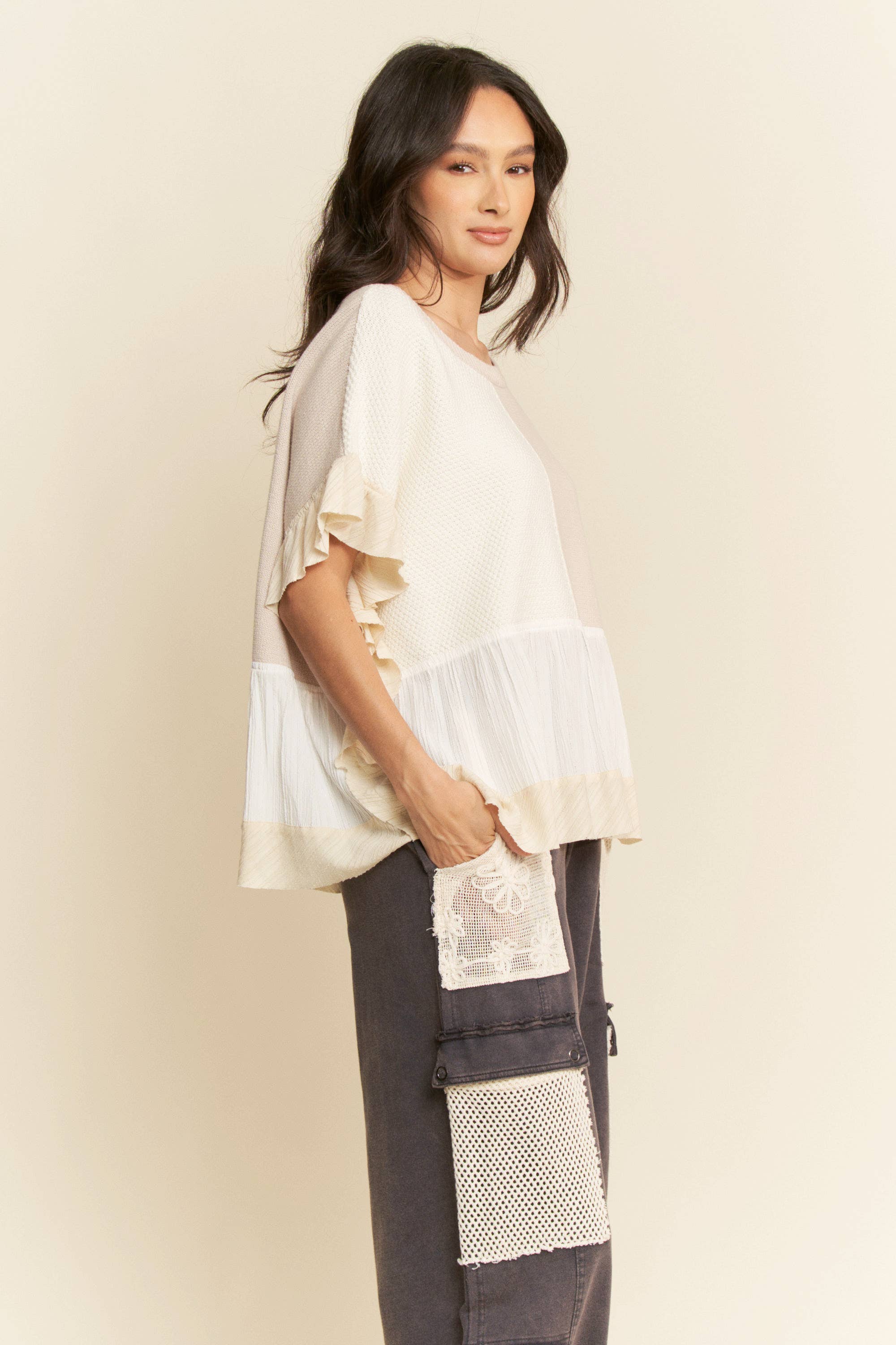 Davi & Dani – wholesale Knit top – Women's – PLUS SWEATER MIX PATCHWORK TEXTURED RUFFLE TOP1