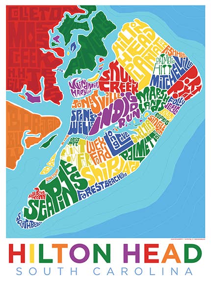 Hilton Head Neighborhoods And Landmarks Type Map for wholesale by LOST DOG art & frame