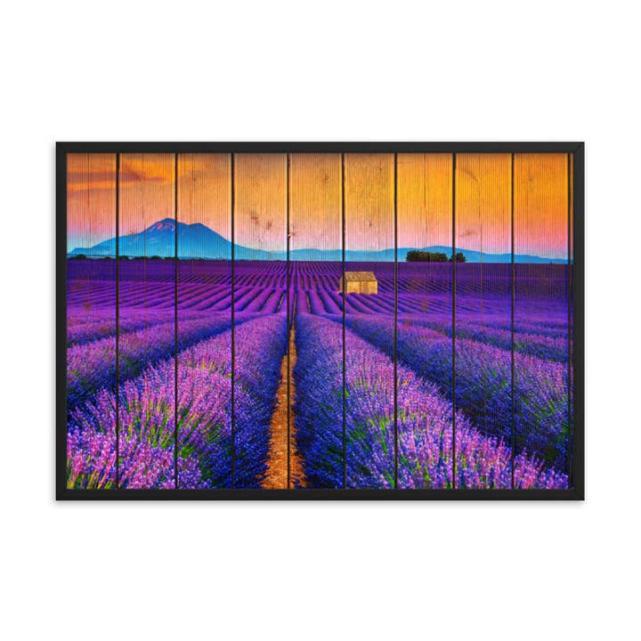 Faux Wood Lavender Fields and Sunset Landscape Framed Art for wholesale by Pipa Wall Art & Home Decor