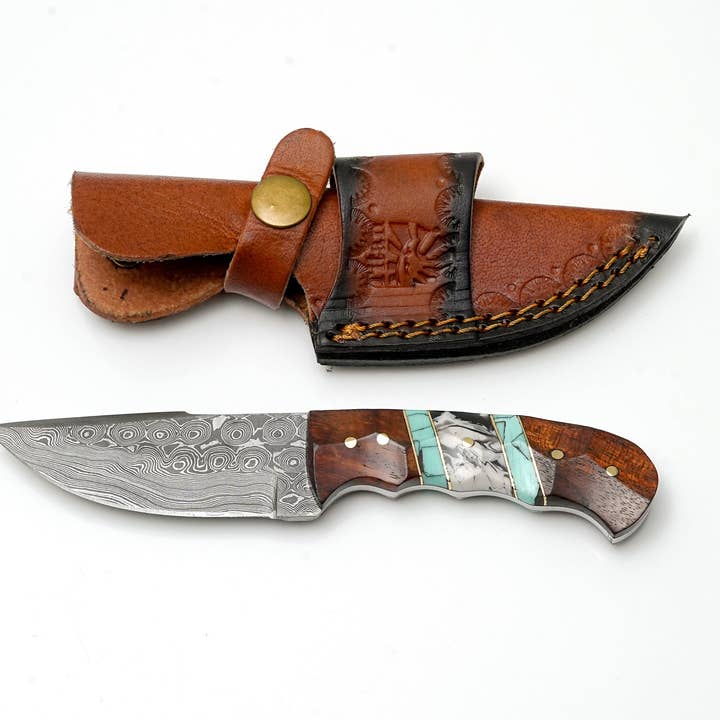 Hand-Forged Damascus Steel Field Knife | Custom Hybrid Wood & Turquoise Handle | Premium Outdoor Utility Gear TK-459 for wholesale by Titan International
