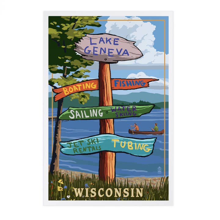 CARTELES POSTALES PREMIUM en Lake Geneva, Wisconsin, Señal de destinos para venta al por mayor de Lantern Press