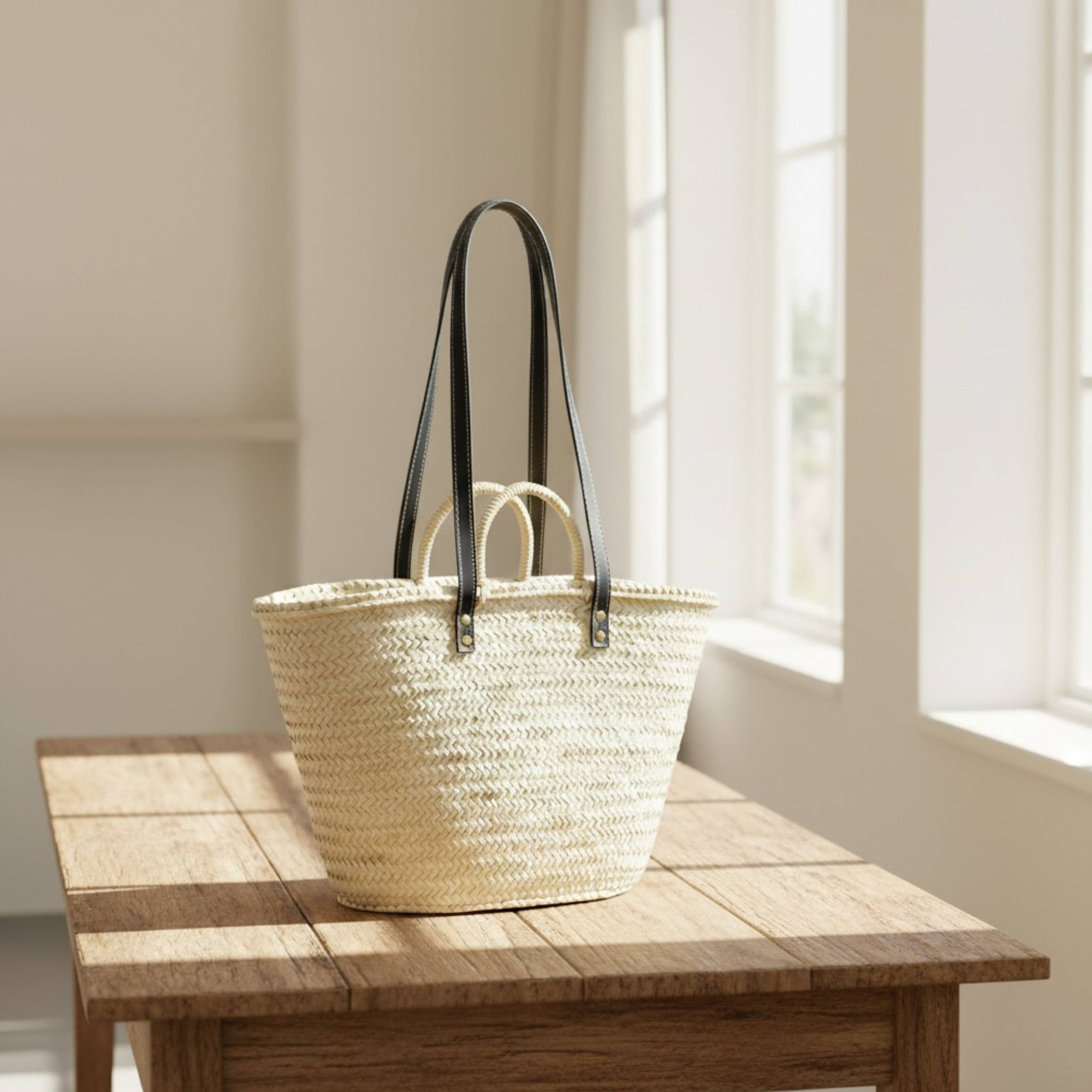 LeBazare – Saco de praia por atacado – Cesta de Mercado Francesa Feita à Mão com Alças Longas de Couro Preto4