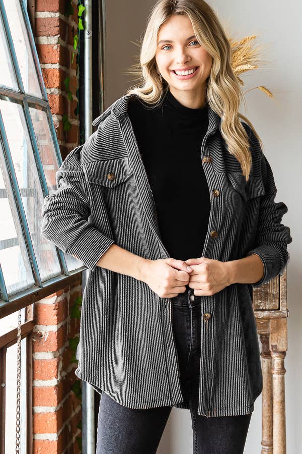 7th Ray - Wholesale Button Down Shirt - Women's - Rib Drop Shoulder Patch Pockets Button Down Shacket T480610