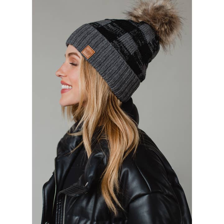 Panache Apparel Co. - Wholesale Beanie - Women's - Grey Buffalo Plaid Pom Hat