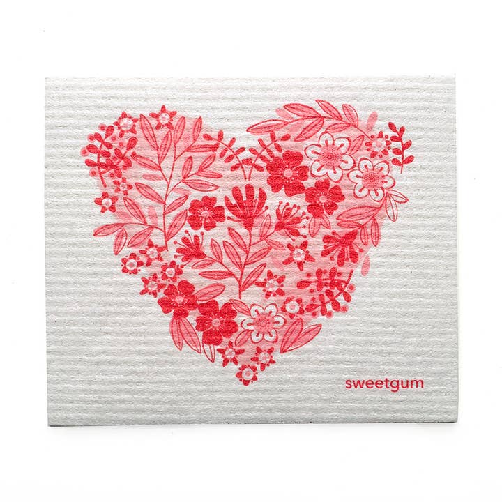 Floral Heart Pink on White Swedish Dishcloth for wholesale by Sweetgum Home