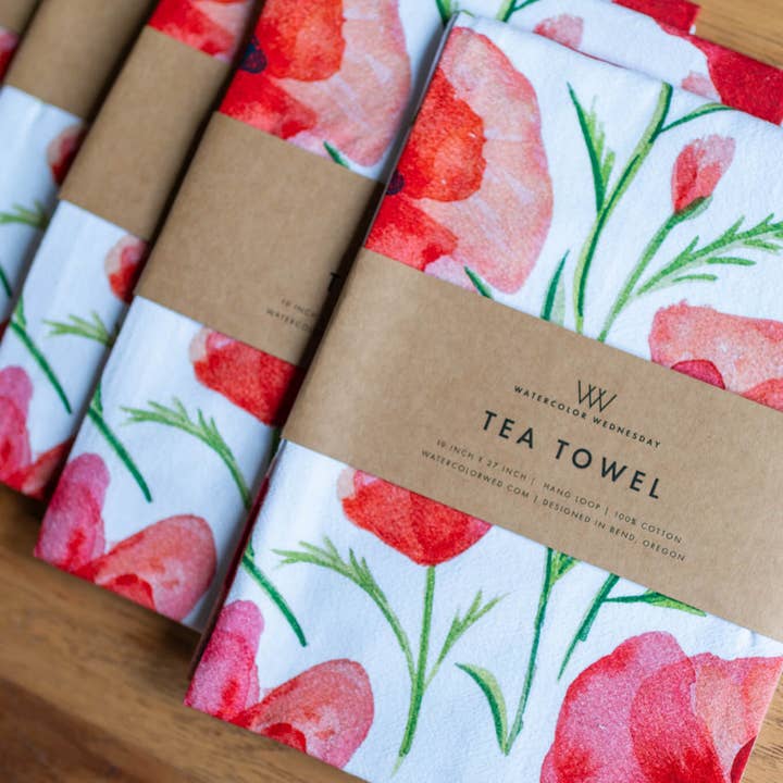 Watercolor Wednesday - Wholesale Tea Towel - Red Poppy Tea Towel | Watercolor Wildflower Kitchen Towel