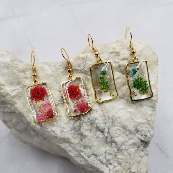 Gold Plated Dried Flower Rectangle Earrings for wholesale by The Pretty Jewellery
