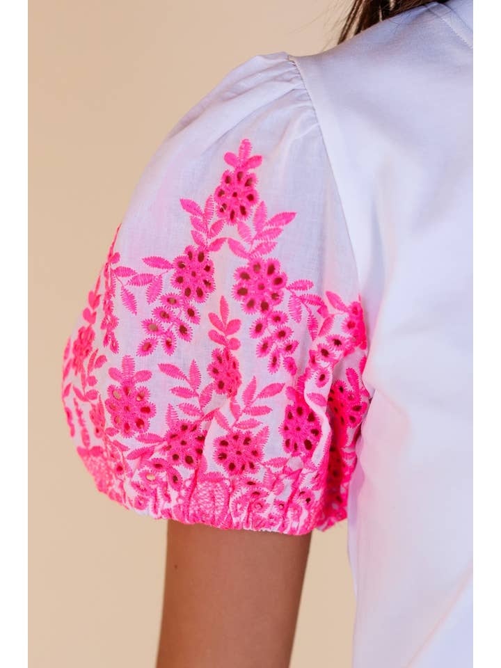 White Top With Pink Eyelet Sleeves for wholesale on Faire
