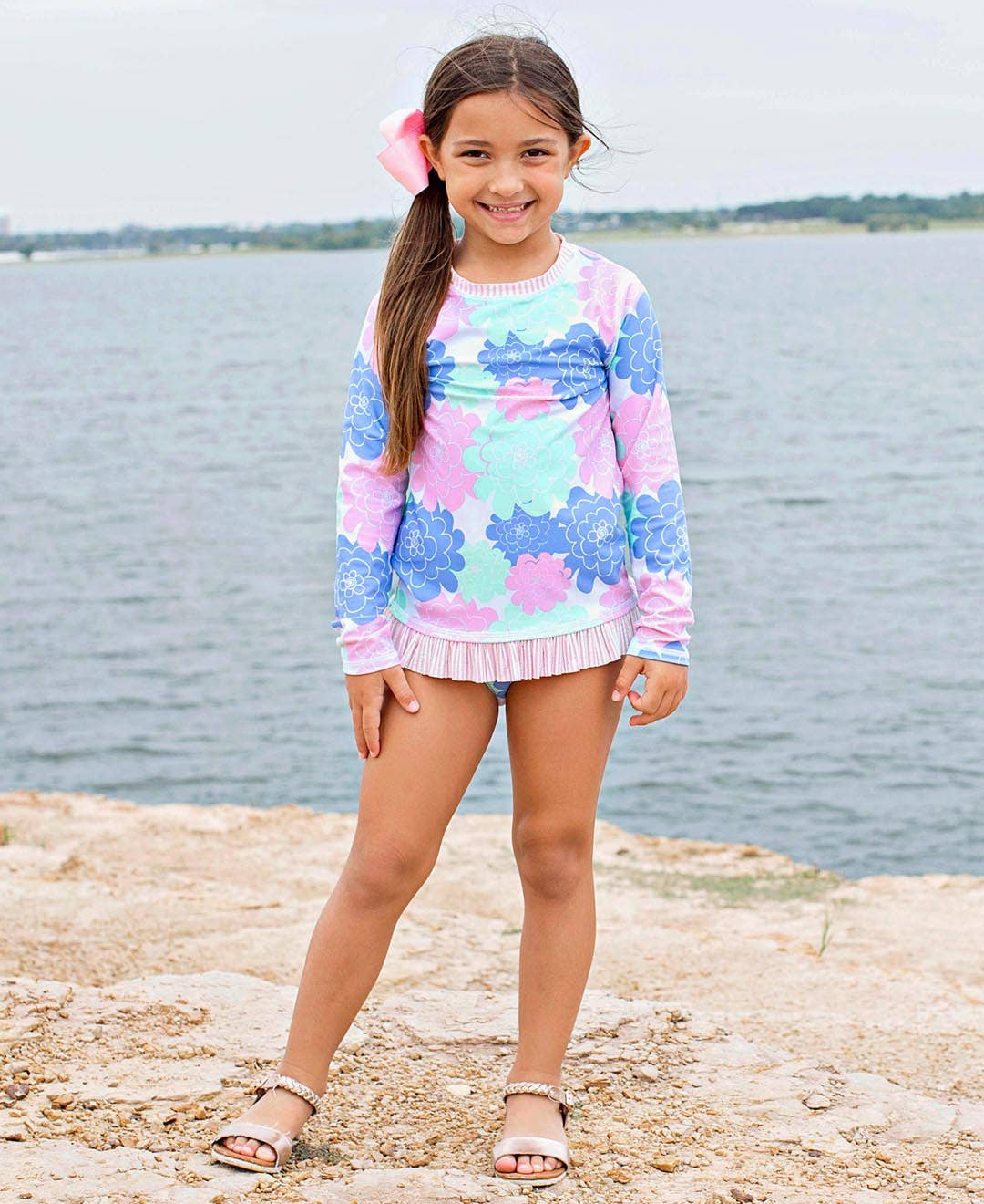 RuffleButts + RuggedButts - Wholesale Rashguard - Kids - Girls Pastel Petals Long Sleeve Rash Guard 2-Piece Swimsuit with Signature Rear Ruffles7