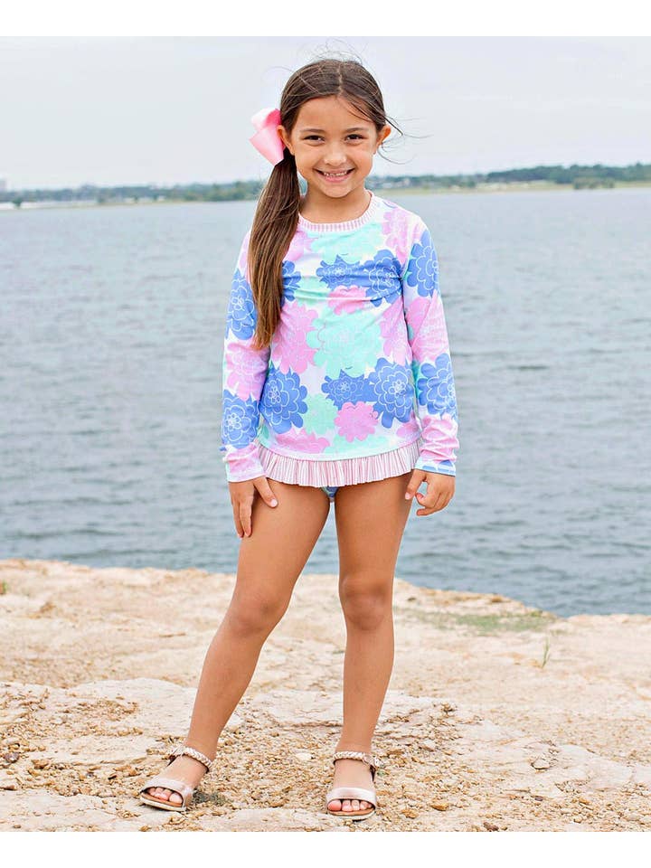 RuffleButts + RuggedButts - Wholesale Rashguard - Kids - Girls Pastel Petals Long Sleeve Rash Guard 2-Piece Swimsuit with Signature Rear Ruffles
7