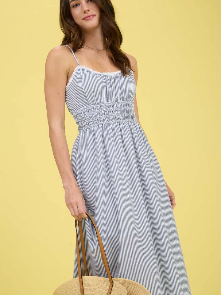 Blu Pepper - Wholesale Dress - Women's - STRIPE LACE TRIM SPAGHETTI STRAP MIDI DRESS
