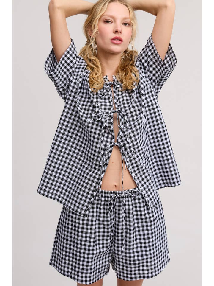 Mimosa - Wholesale Top & Short Set (NOT Loungewear) - Women's - Gingham Open Front Self Tie Top and Shorts Matching Set14