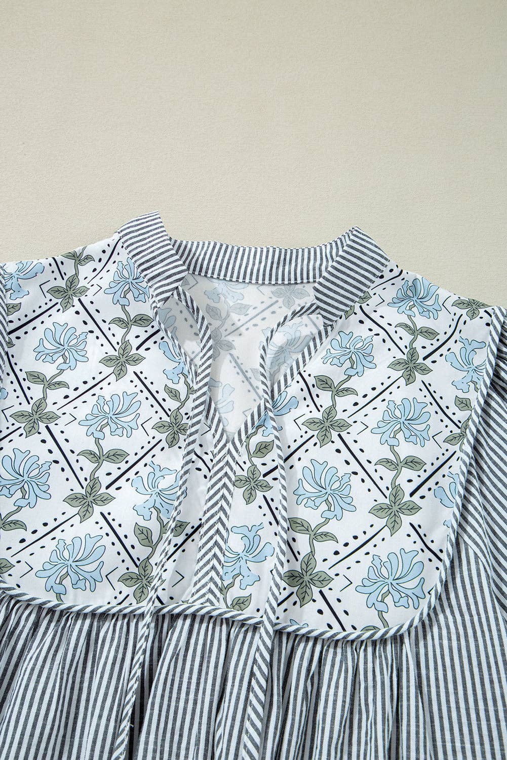 Black Stripe Floral Patchwork Tied V Neck Shift Long Sleeve Mini Dress for wholesale on Faire3