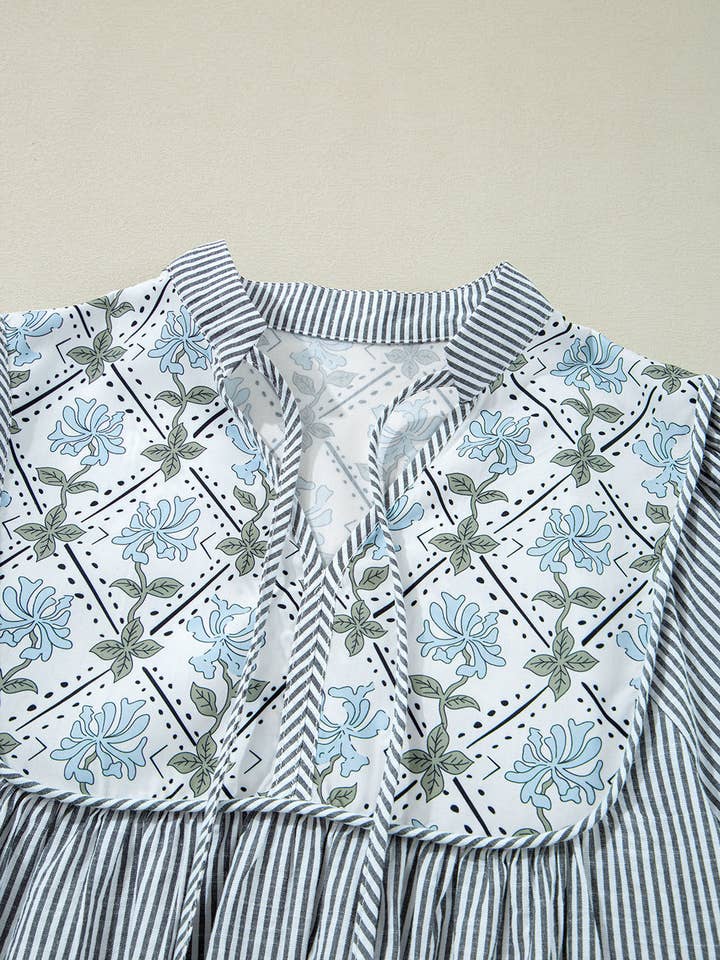 Black Stripe Floral Patchwork Tied V Neck Shift Long Sleeve Mini Dress for wholesale on Faire3