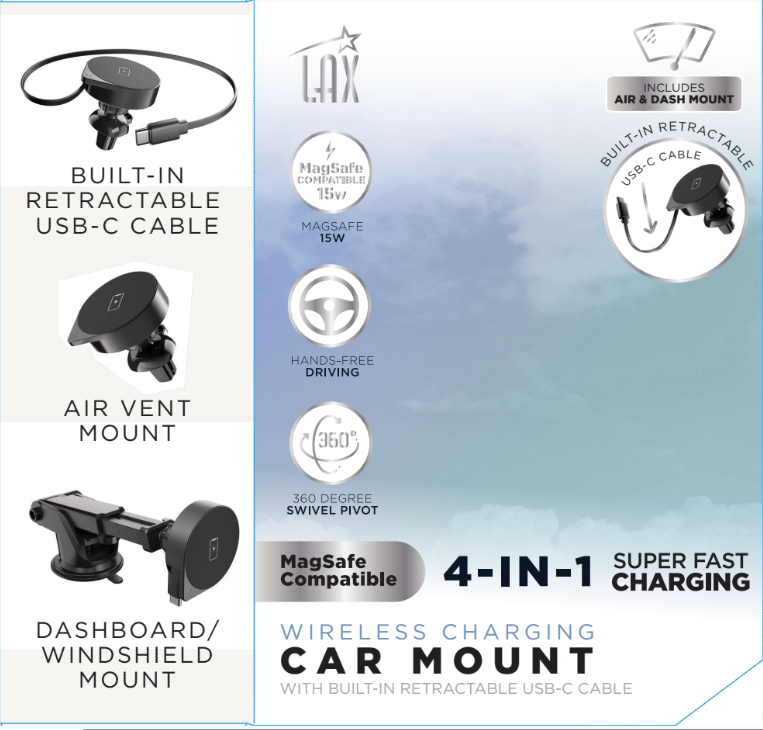 LAX Gadgets - Vente Chargeurs portables - Support de chargeur de voiture MagSafe 4-en-1 + câble USB-C rétractable12