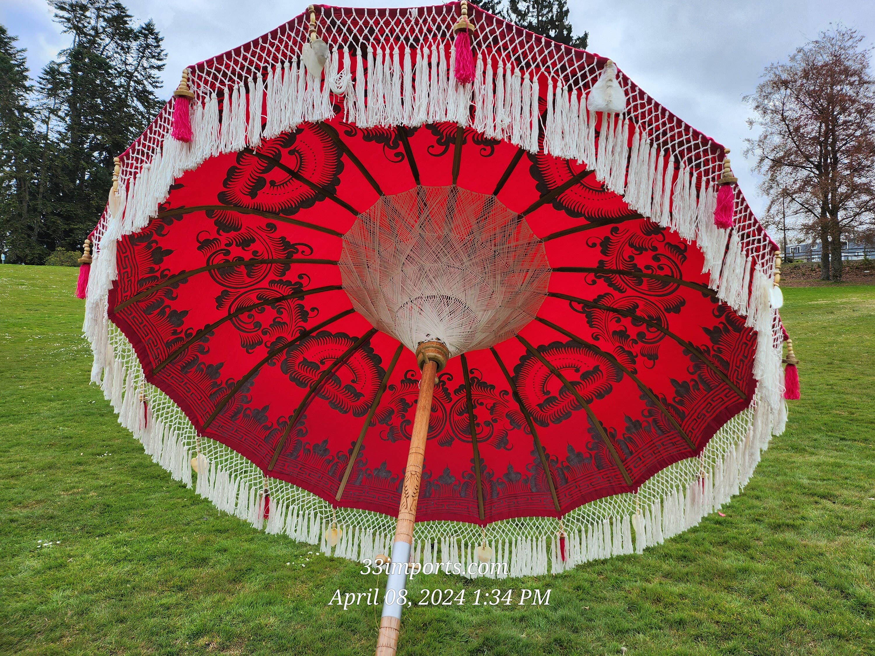 baligood - Wholesale Patio Umbrella - PINK & SILVER FULL FRINGE BALINESE UMBRELLA6