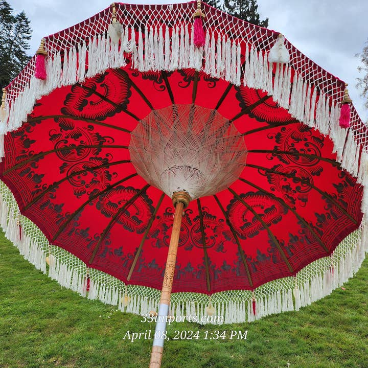 baligood - Wholesale Patio Umbrella - PINK & SILVER FULL FRINGE BALINESE UMBRELLA6