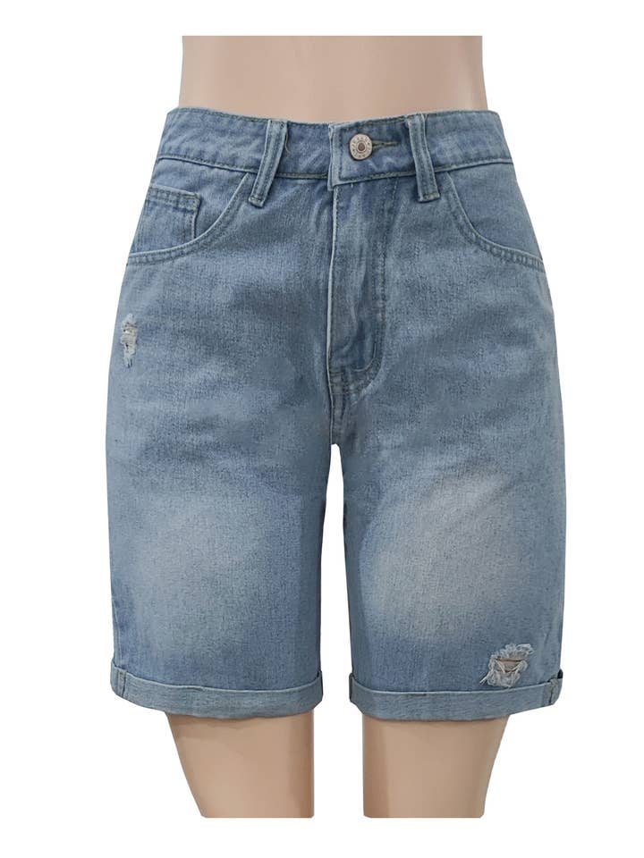 RIPPED AND CUFFED FIVE CENT DENIM SHORTS CASUAL PANTS for wholesale by HIDDENBRAND