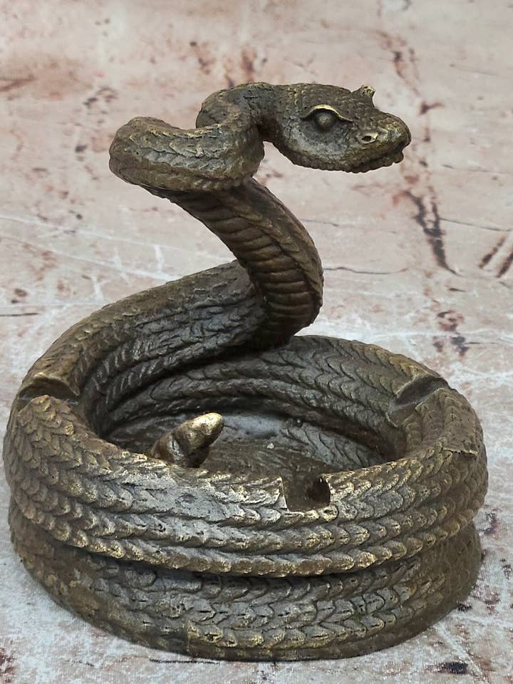 Rattlesnake Slang Brons Metalen Asbak Sculptuur Origineel Gesigneerd Handgemaakt Kunstwerk voor wholesale door Bronzhaus