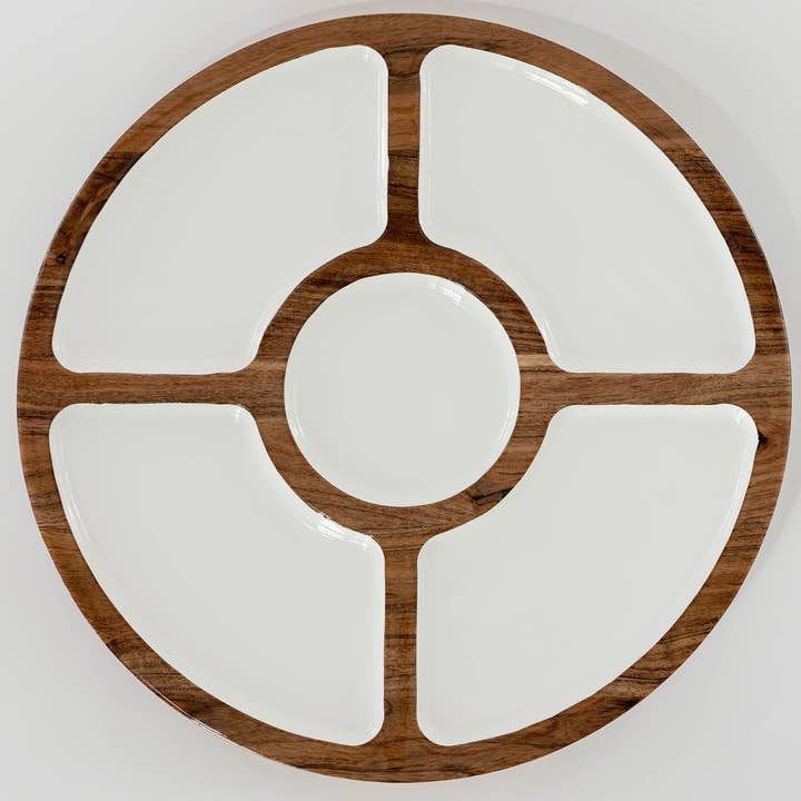 JF Wood + White Collection Mango Wood Compartment Lazy Susan for wholesale by Jeanne Fitz