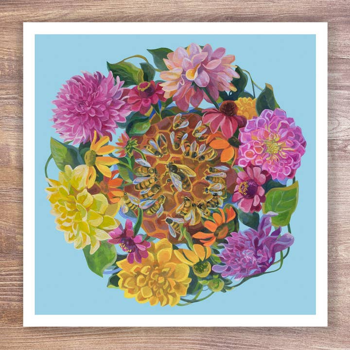 Honningbier & Dahlia Blomster Kunsttryk for engroshandel hos Marigold Art Studios