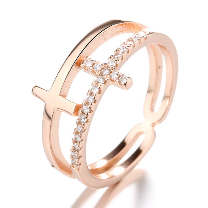 Amy and Annette - Wholesale Multi-Stone Ring - Sterling Silver, 18k Gold, or Rose Gold Sideways Adjustable Cross Ring5