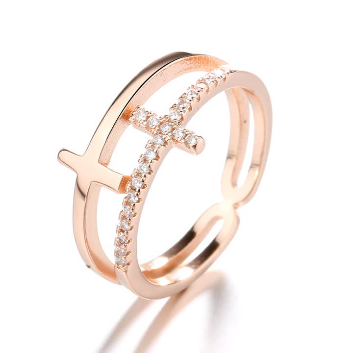 Amy and Annette - Wholesale Multi-Stone Ring - Sterling Silver, 18k Gold, or Rose Gold Sideways Adjustable Cross Ring5