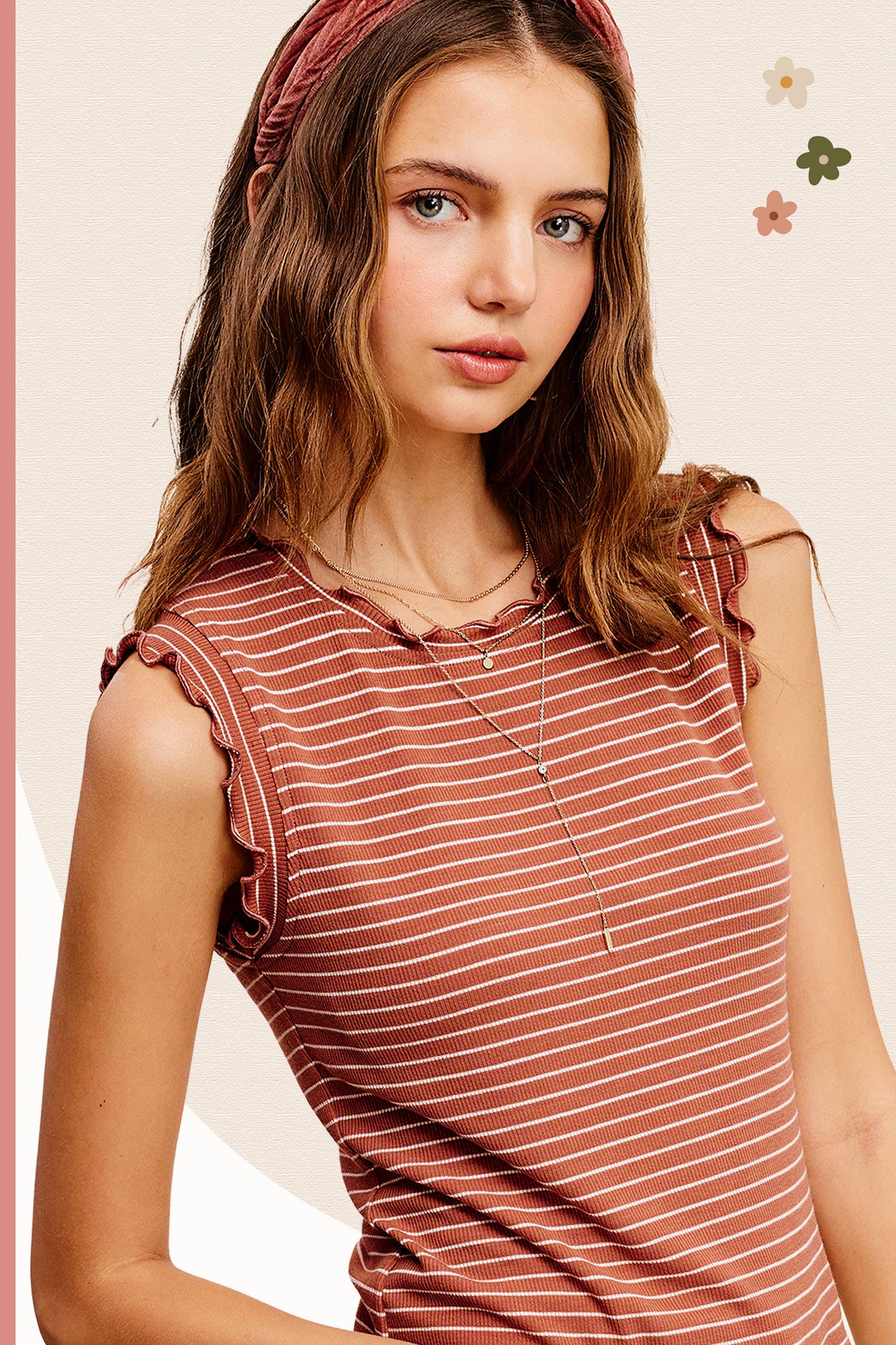 La Miel – wholesale Tank top – Women′s – HCT7692-Stretchy Brushed Ruffle Sleeve Stripe Tank Top15