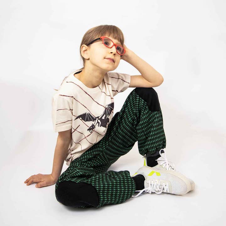 Infantium Victoria - Wholesale Broek - Kinderen - Zwart en groen pied-de-poule kinderbroek met kniestukken2