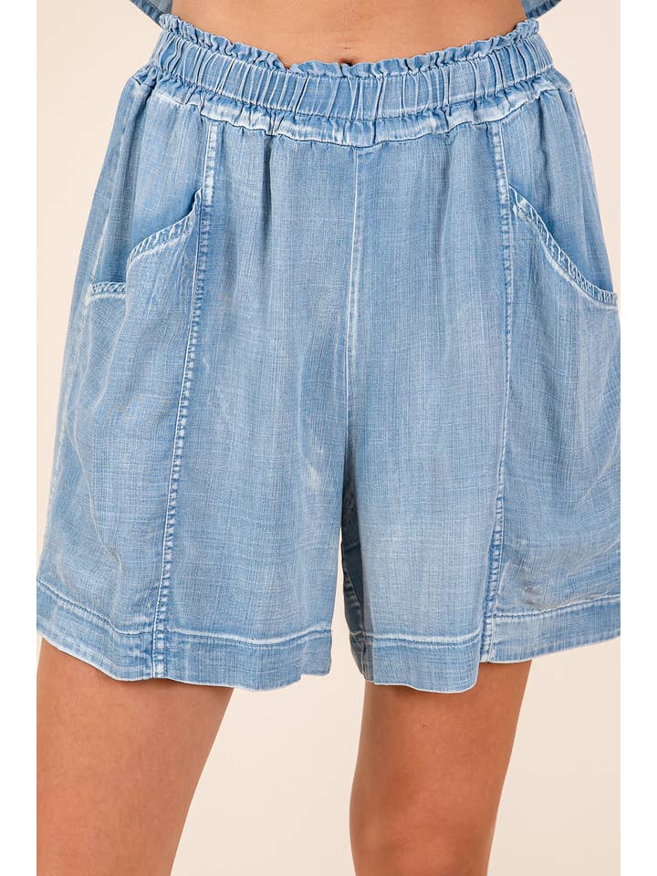 mittoshop - Wholesale Shorts - Women's - WASHED CHAMBRAY ELASTIC WAIST EASY FIT SHORTS