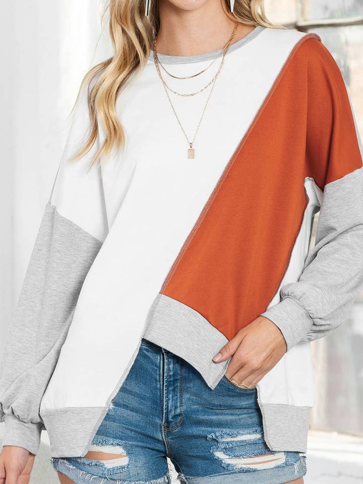 Haut à manches longues à ourlet irrégulier avec coutures contrastantes kaki pour la vente par EG fashion